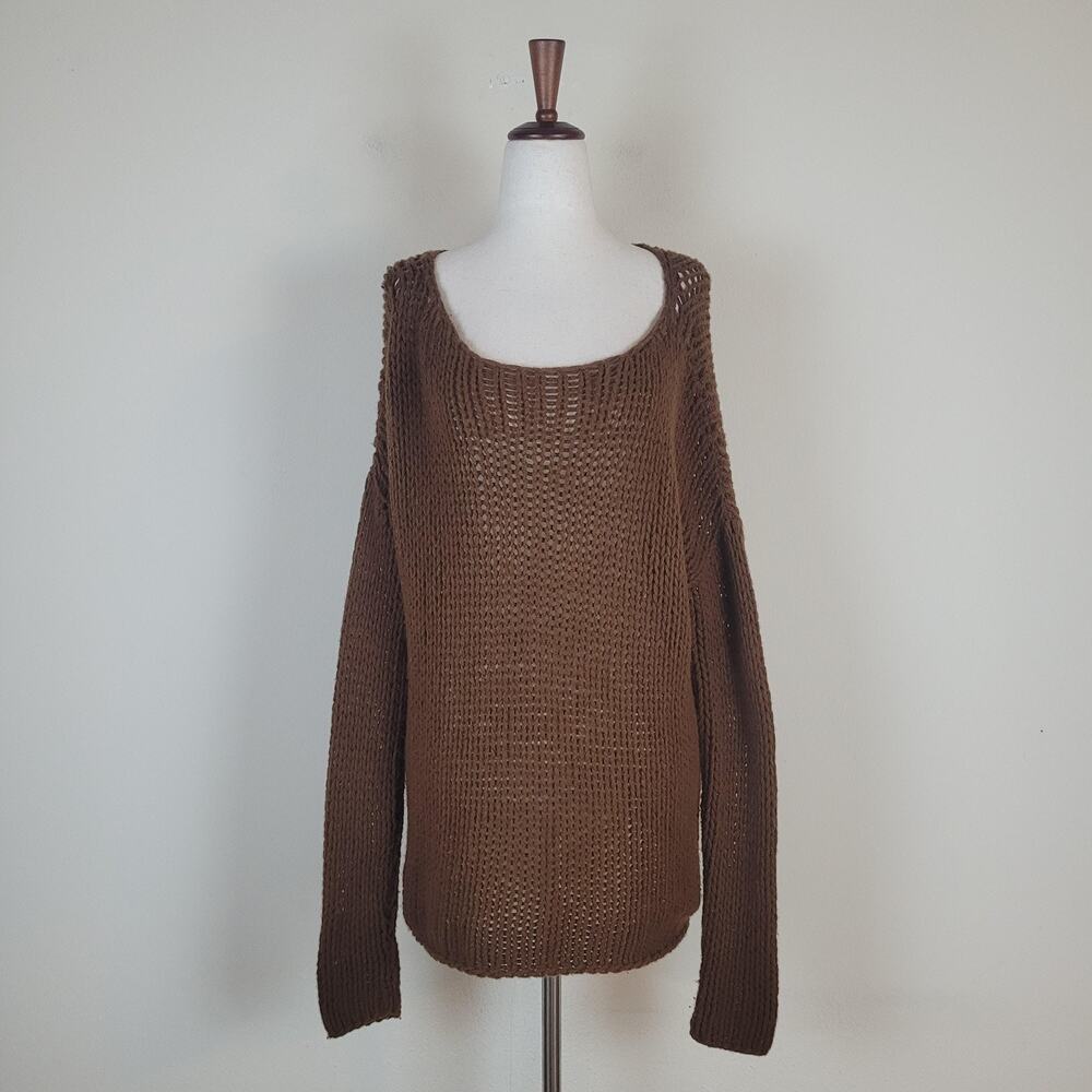 Vince Sweater Lg Brown Wool Blend Scoop Neck Open Knit Relaxed Pullover Chunky